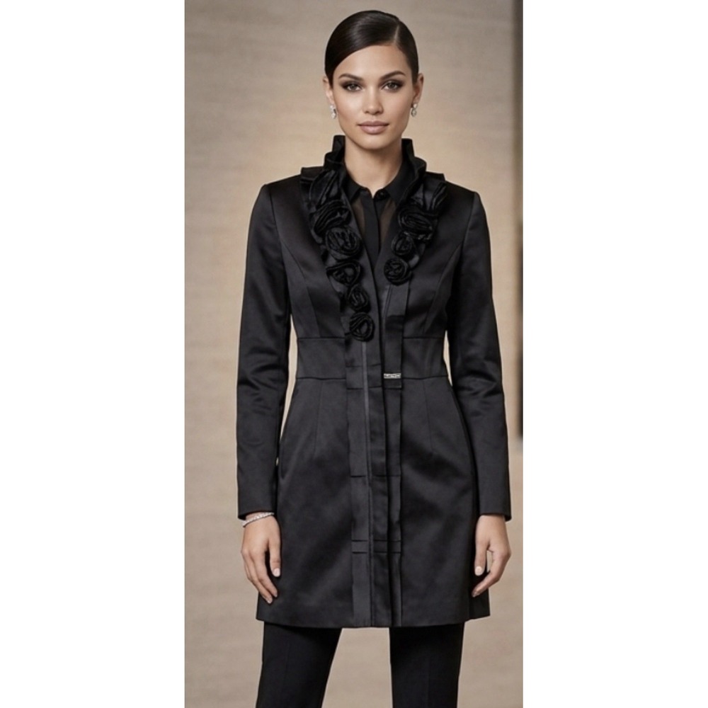White House Black Market Jacket Women Size 0 Black Satin Rosette Ruffle Designer